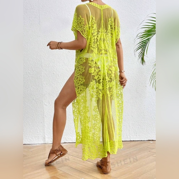 Embroidered v neck mesh coverup with split sides - Picture 3 of 3